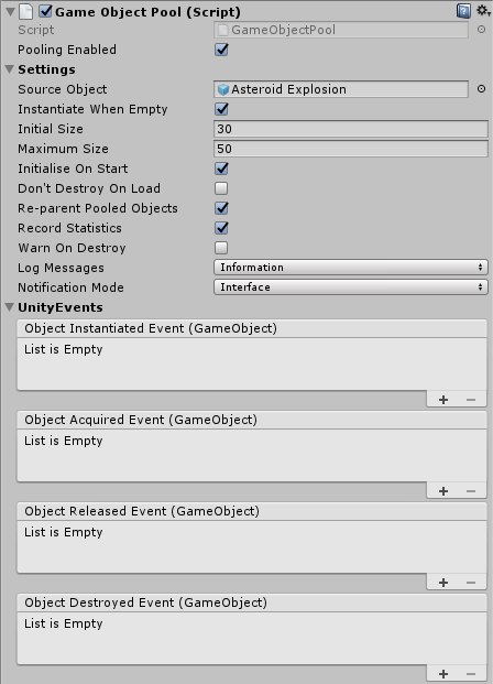 Screenshot of the custom inspector for the GameObjectPool component.