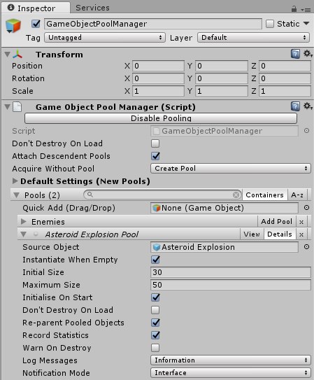 Screenshot of the custom inspector for the GameObjectPoolManager component.