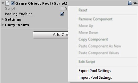 Screenshot of the GameObjectPool component's context menu.