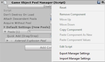 Screenshot of the GameObjectPoolManager component's context menu.